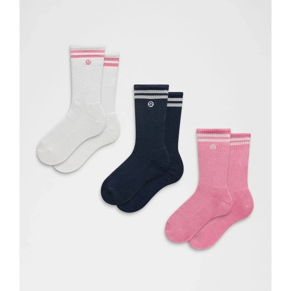 Lulu-Unisex Daily Essential Crew Socks 3 Pack Stripe-Candy Cloud/Club Blue/White